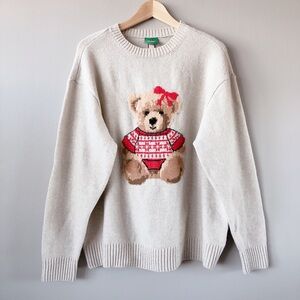 Planet Heart Teddy bear sweater cream oatmeal knit LARGE holiday Christmas